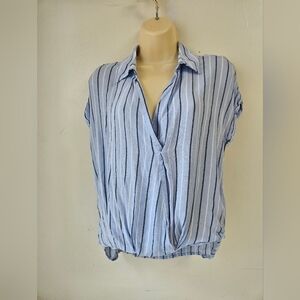 BP- Women's Blue With Stripes XS Cap Sleeve Wrap Button Down Shirt